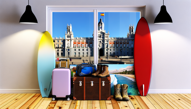 alt_text: "Vibrant Madrid trastero with organized storage, iconic landmarks, evoking summer adventure and security."