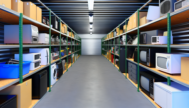 alt_text: A well-organized storage unit showcasing electronics, appliances, and furniture, emphasizing safety.