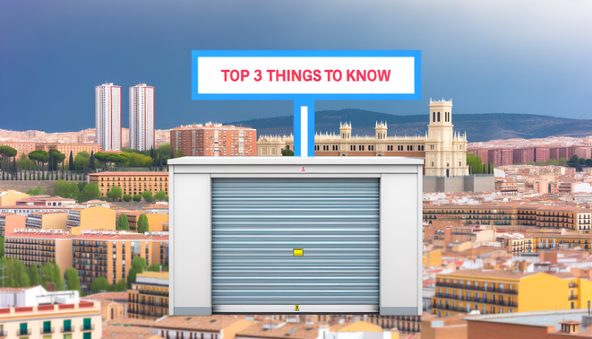 alt_text: Madrid cityscape with storage unit, featuring "Top 3 Things to Know" before renting a trastero.