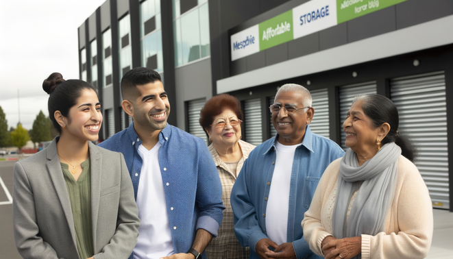 alt_text: Diverse families happily discuss storage needs outside a modern facility, emphasizing affordability and convenience.