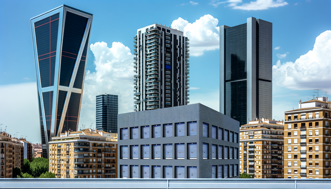 **alt_text:** Modern Madrid skyline with self-storage units, showcasing trends in sustainability and technology.