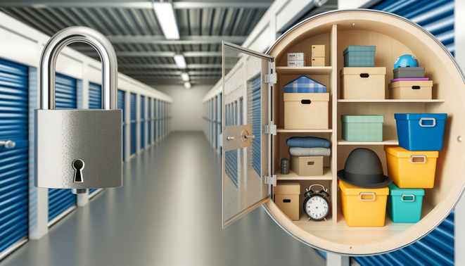 alt_text: Cover for "Beginner’s Guide to Using Self-Storage" showcasing organized storage and security elements.