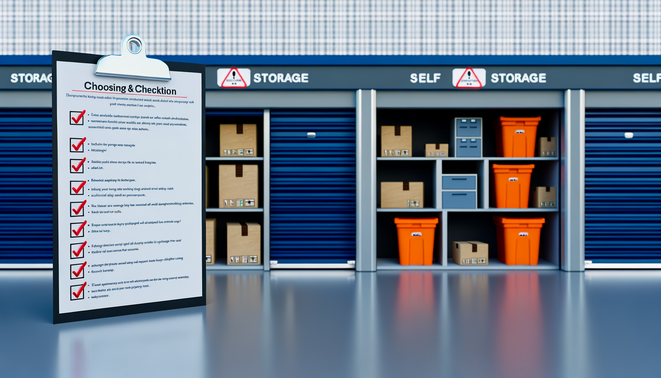 alt_text: A diverse range of self-storage units with items, safety features, and a checklist for choosing options.