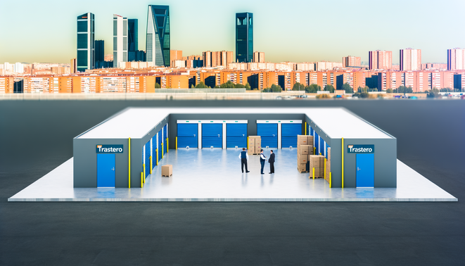 alt_text: "A modern Madrid storage facility with varied trastero units, urban landmarks, and helpful staff."